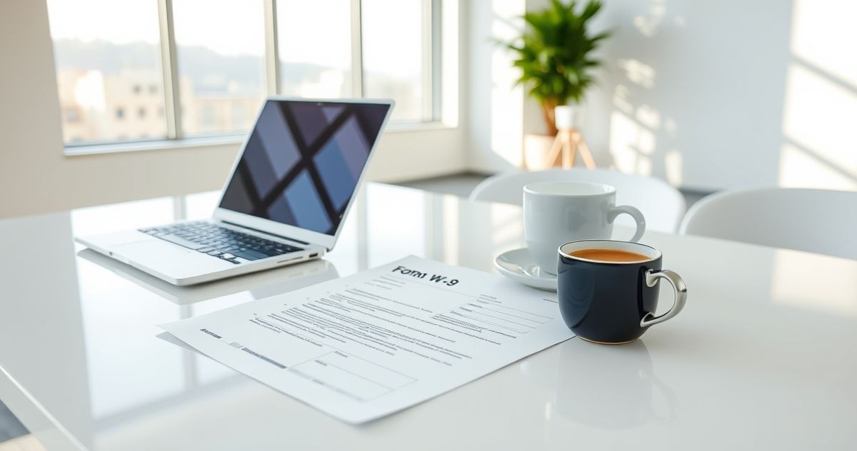 Photorealistic image of a Form W-9 document on a white desk with a laptop and coffee cup in a modern office space.