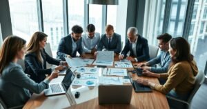 Business professionals reviewing financial graphs and documents in a modern office.