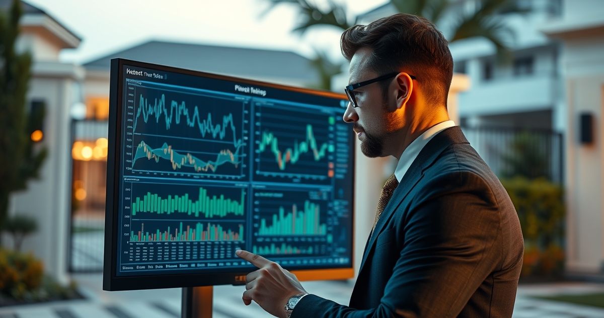 A financial professional analyzing data related to property loans in a gated community setting.