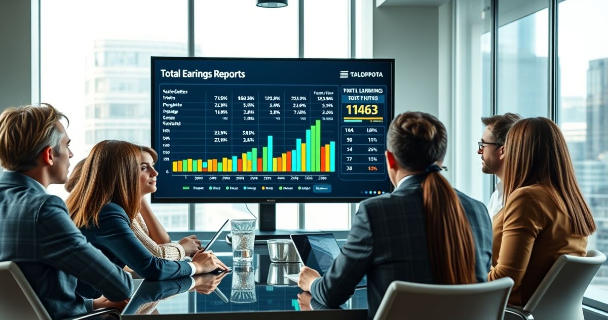 Diverse professionals analyzing total earnings report in a corporate meeting room