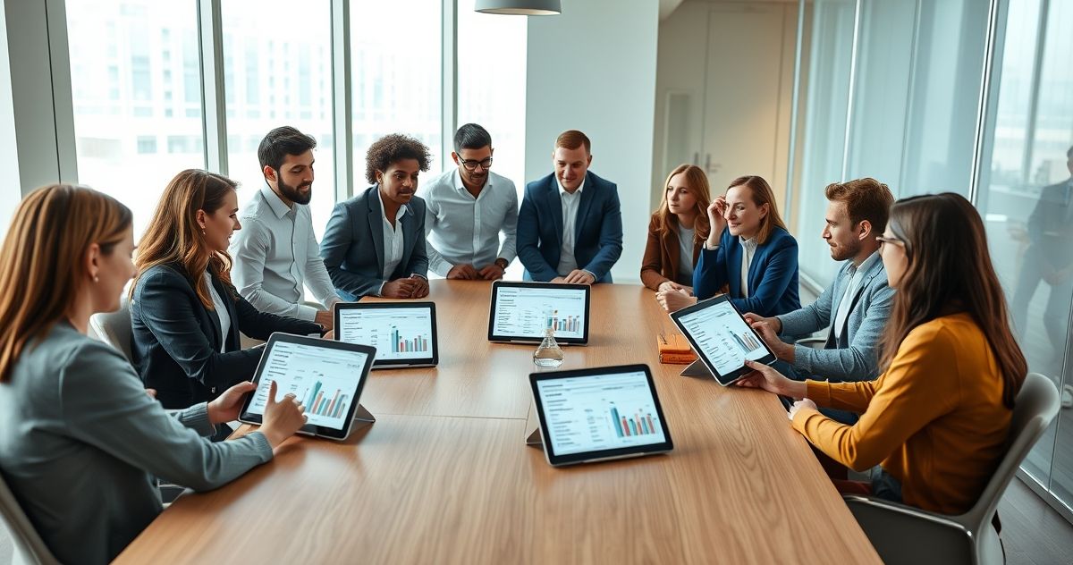 Professionals discussing healthcare benefits with digital expense charts in a modern office