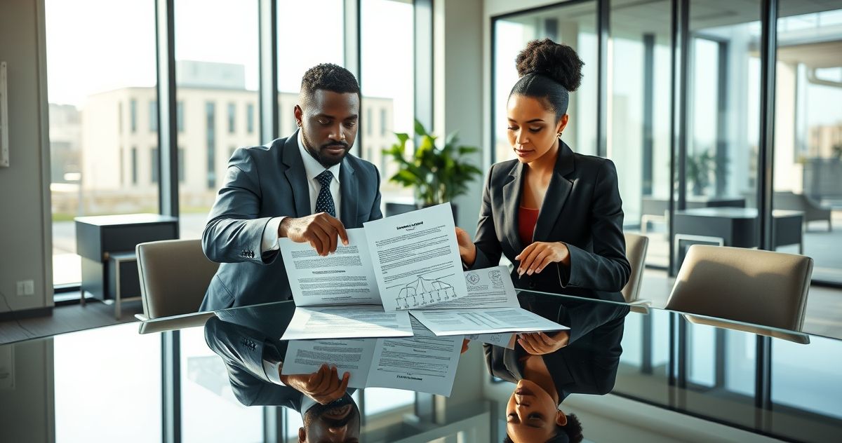 Two professionals discussing a will and family tree chart showing differences between heirs and beneficiaries