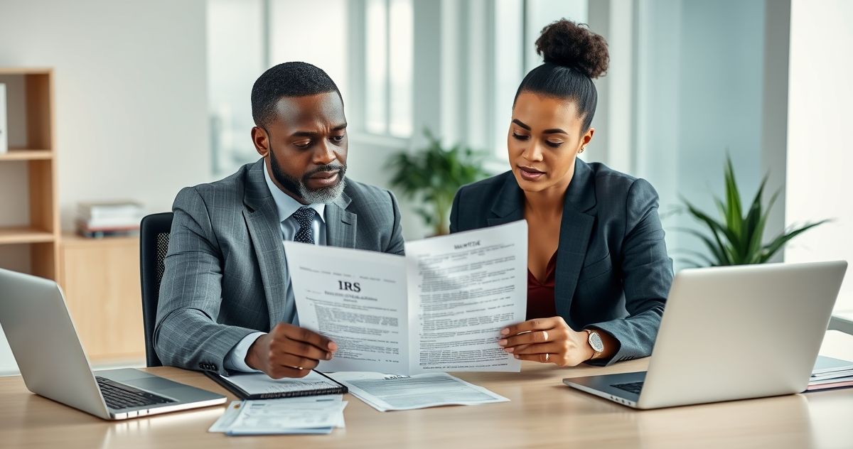 Financial advisor discussing IRS Notice CP503 with client in a modern office