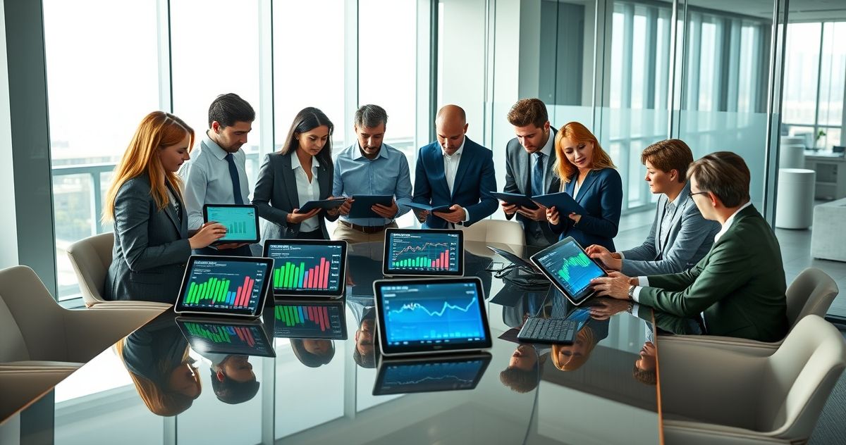 Diverse professionals reviewing dividend charts and interest graphs on digital devices in a modern boardroom