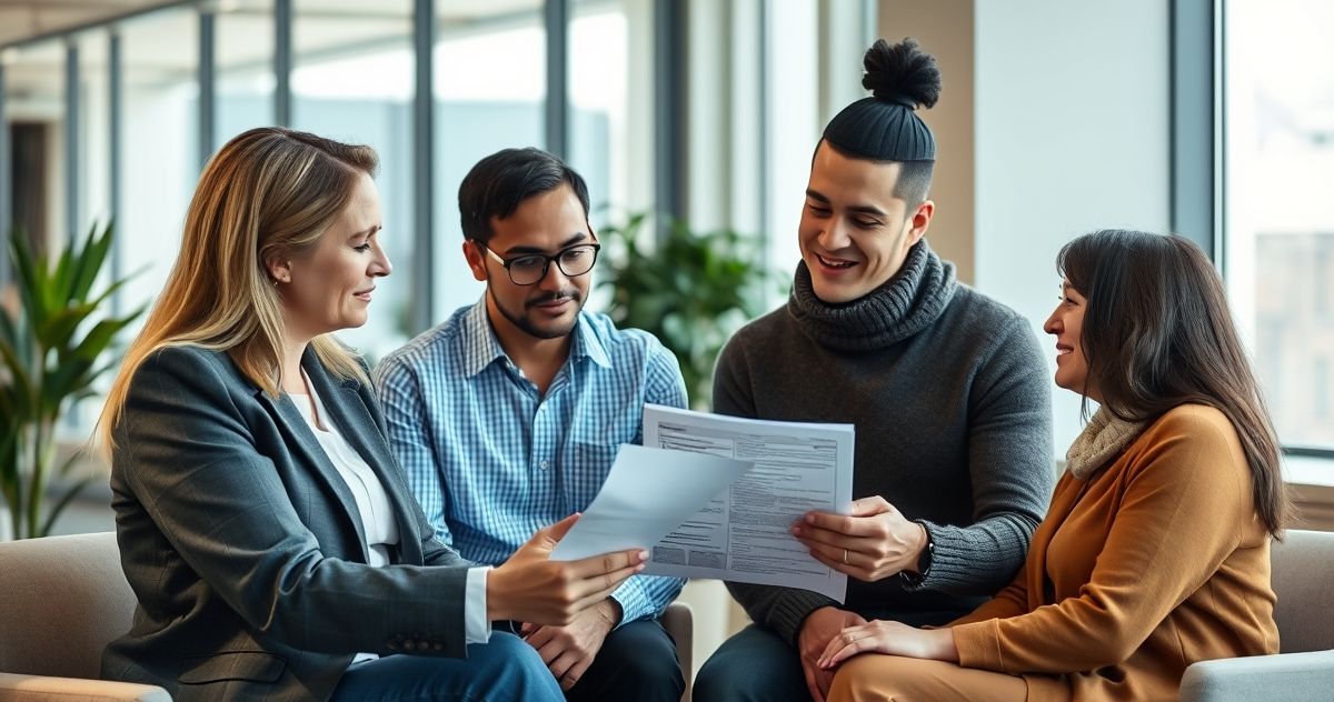 Financial advisor explaining injured spouse claim to a couple in a modern office