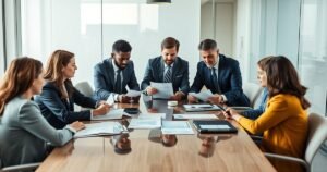 Financial advisors and clients discussing insurance policies in a modern office