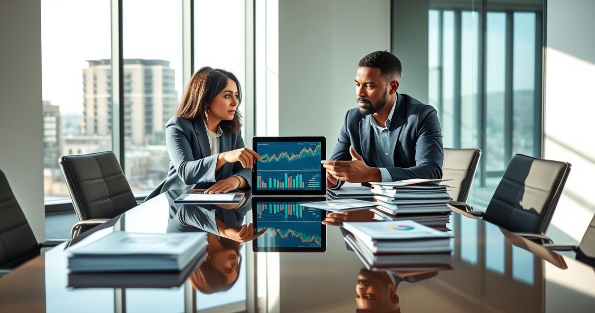Two financial professionals discussing interest rate swap with graphs on a digital tablet