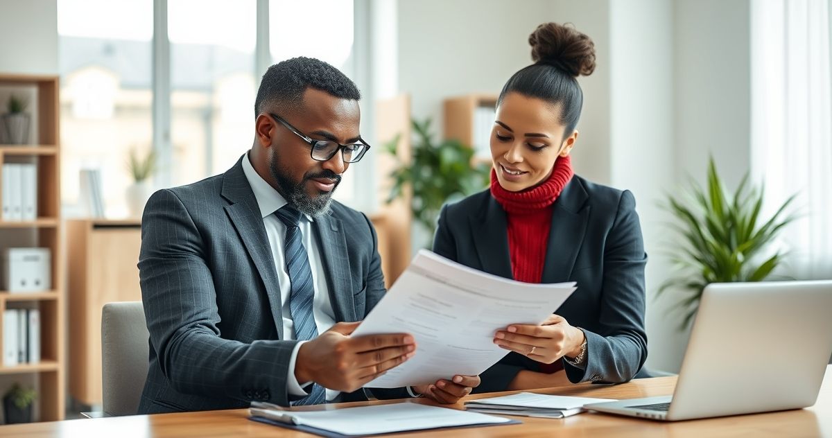 A financial advisor discussing domicile documents with a client in a sleek modern office