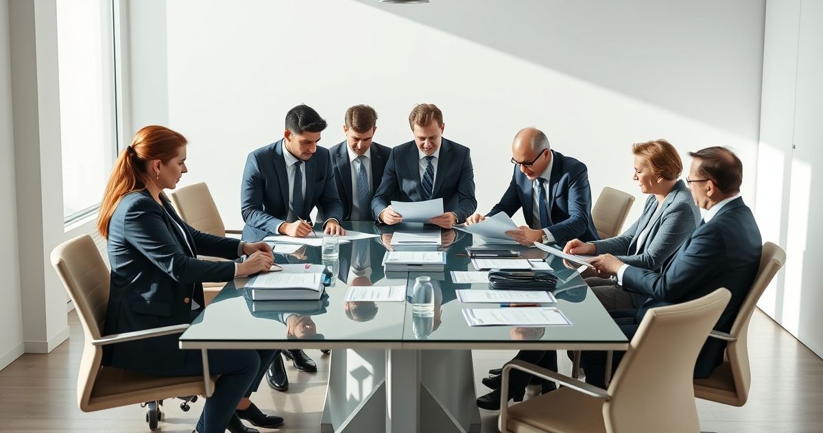 Diverse professionals collaboratively analyzing documents around a conference table in a modern office setting symbolizing a Tax Court petition process