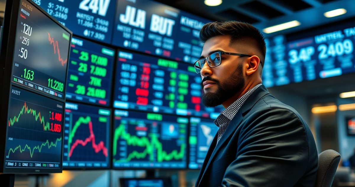 Financial trader watching digital screens showing limit order price points in trading floor
