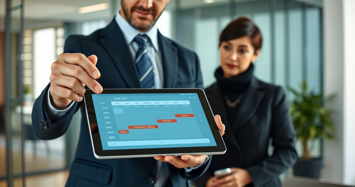 A financial advisor gestures towards a digital tablet showing a calendar with a marked timeline, explaining loan modification processing time to a client in a modern office.