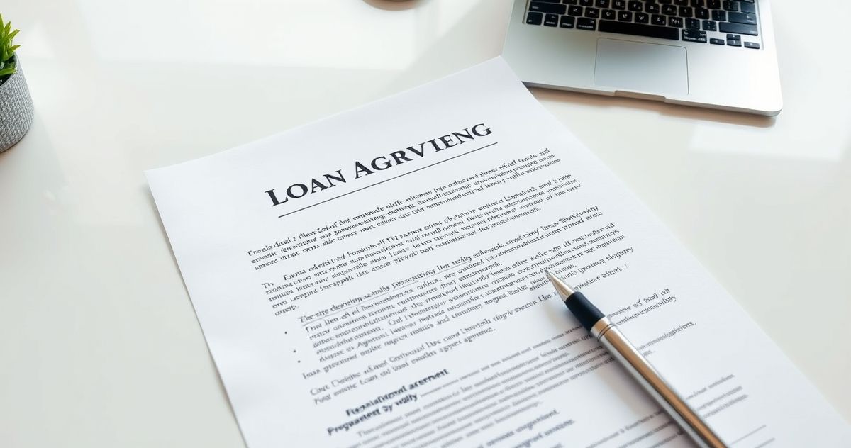 A loan servicing agreement document being reviewed by two diverse professionals in a modern office setting