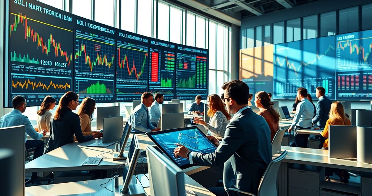 Professionals reviewing stock charts and margin data on digital screens in a brokerage office