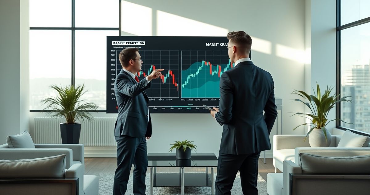 Two professionals discussing digital stock charts compared side-by-side indicating market correction and market crash in a modern office