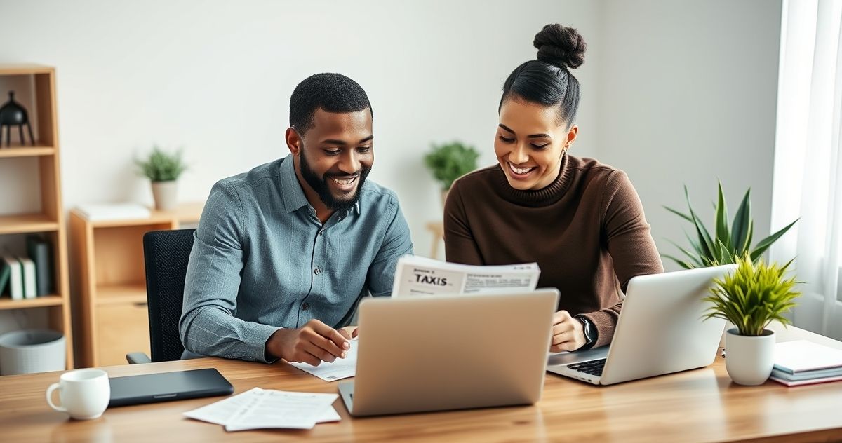 A married couple examining tax documents together in a modern office setting.