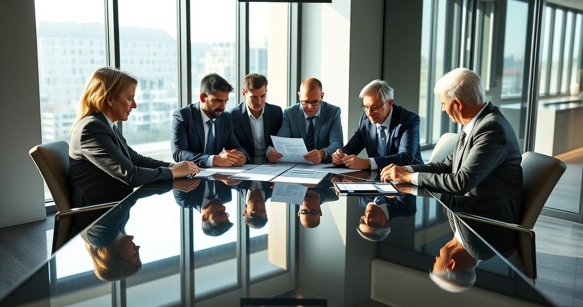 Diverse financial advisors discussing tax documents in a modern office setting