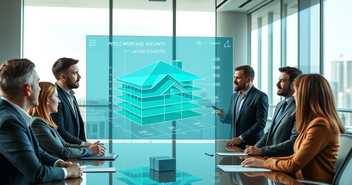 Financial professionals examining digital 3D diagram of pooled mortgages converting into a mortgage-backed security