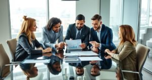 Financial advisors and clients discussing mortgage options around a glass table in a modern office