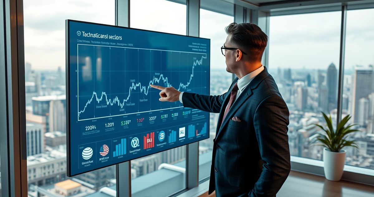 Financial analyst pointing at digital screen showing NASDAQ Composite Index graph and tech company logos