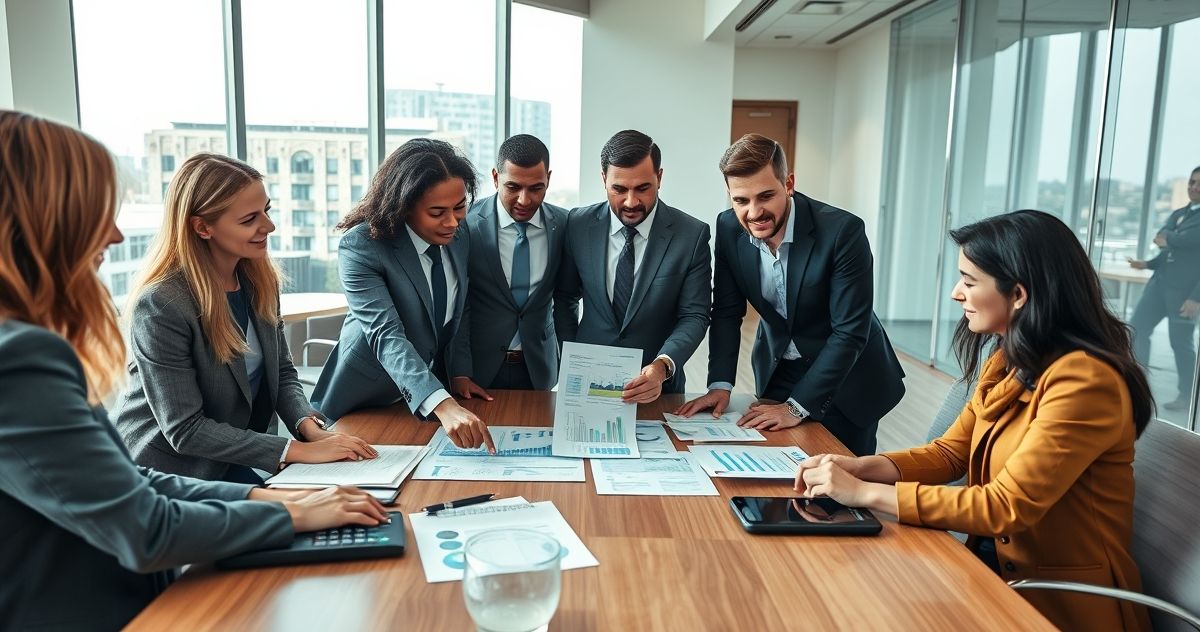 A diverse group of business professionals reviewing loan documents at a modern conference table, with a calculator and charts visible.