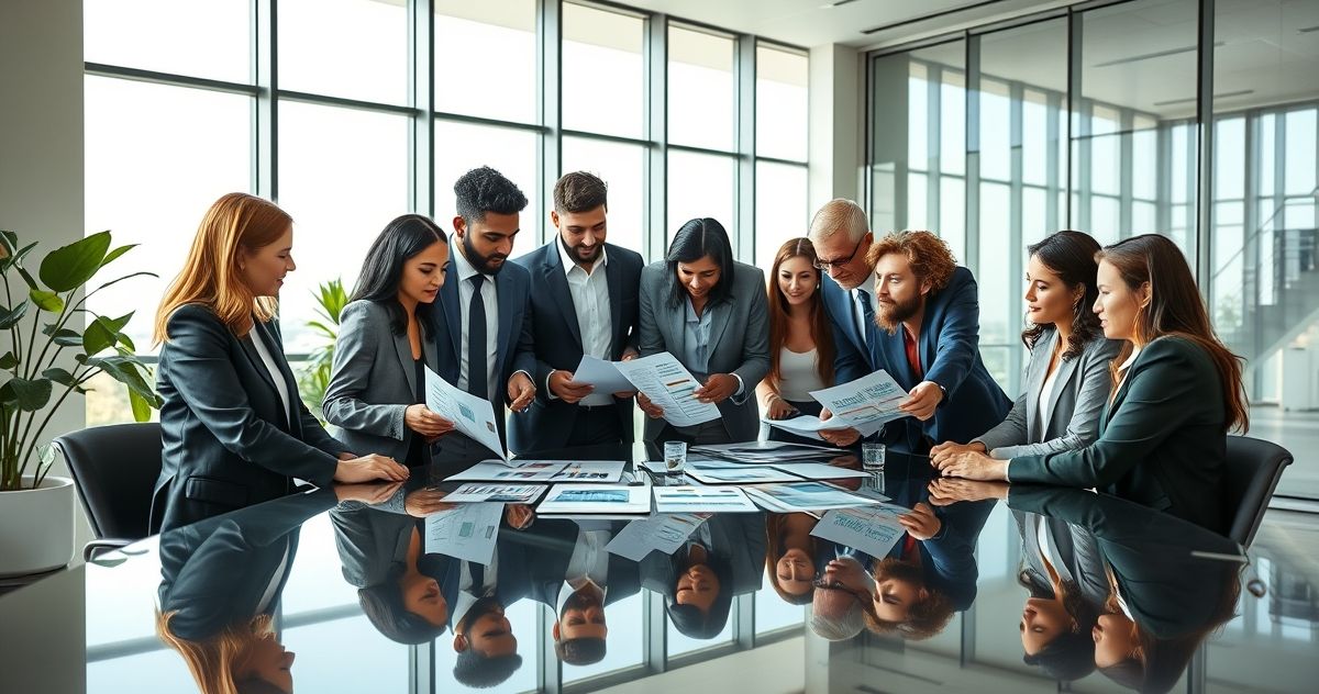 Diverse professionals reviewing financial documents and income reports in a modern office