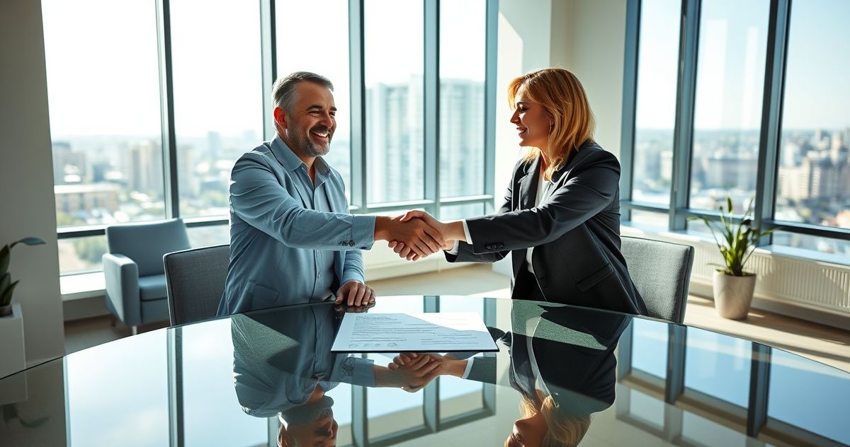 Homeowner signing new mortgage documents with a lender in a bright, modern office, symbolizing a successful refinance for their primary residence.