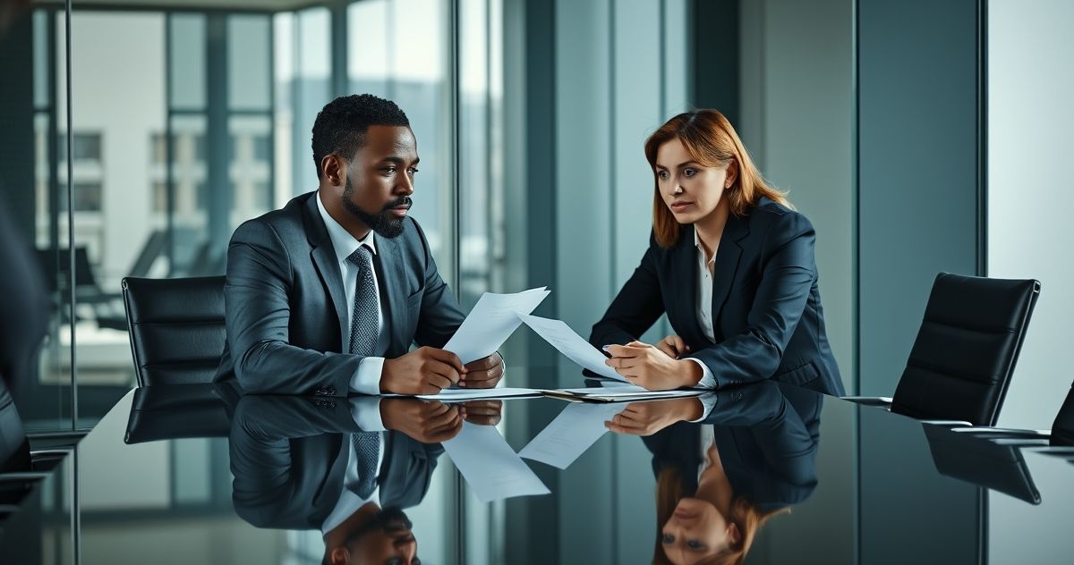 Financial advisor explaining passport revocation to concerned client in modern office setting