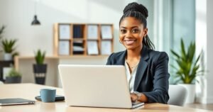 Young professional setting automatic savings on laptop in modern office