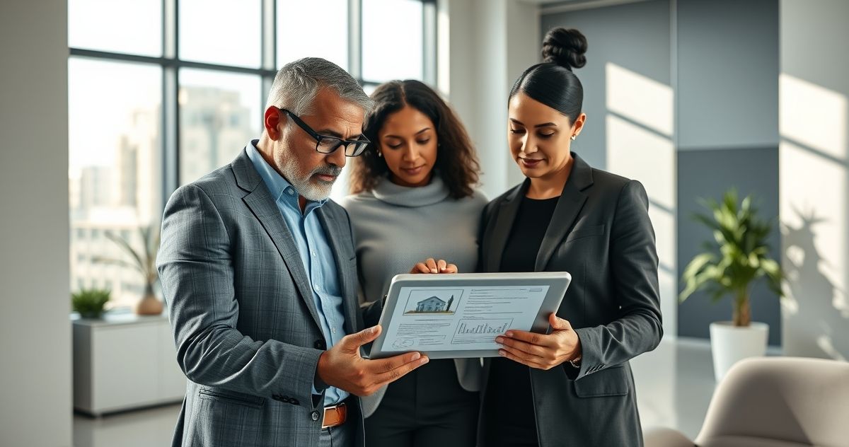 Real estate agent discussing property lien with a couple in a modern office