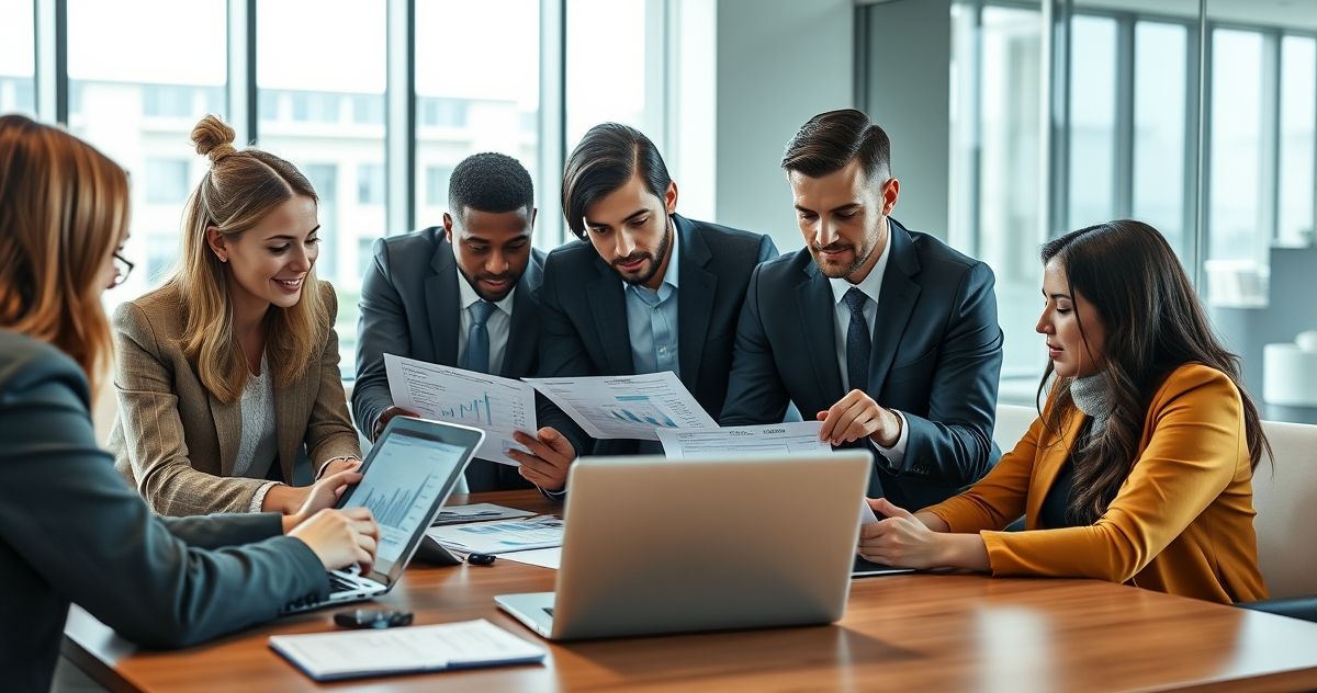 Diverse professionals examining financial reports on laptops in a modern conference room