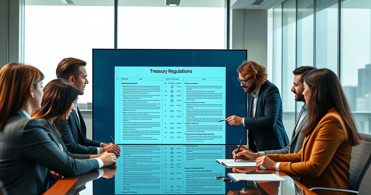 Diverse tax professionals examining Treasury Regulations on a large touchscreen in a modern conference room
