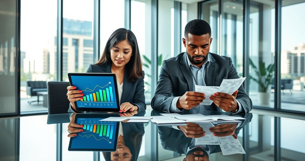 Two professionals comparing progressive and regressive tax concepts using charts and receipts in a modern office