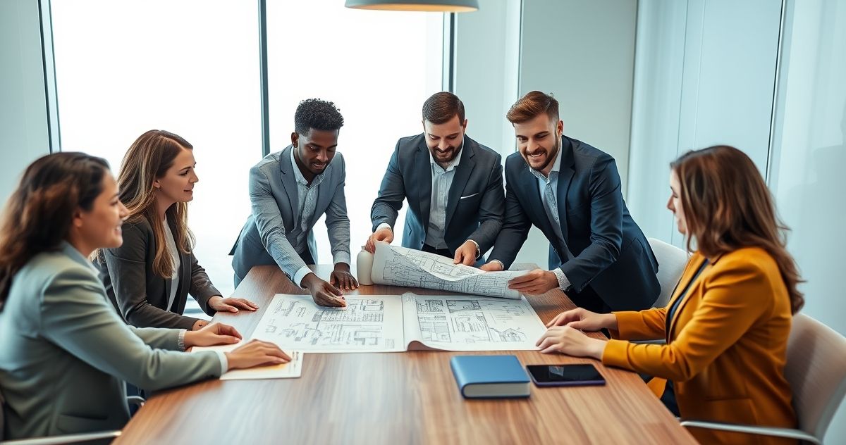A diverse group of housing development professionals and a bank representative collaborating around a table with architectural blueprints and financial documents.
