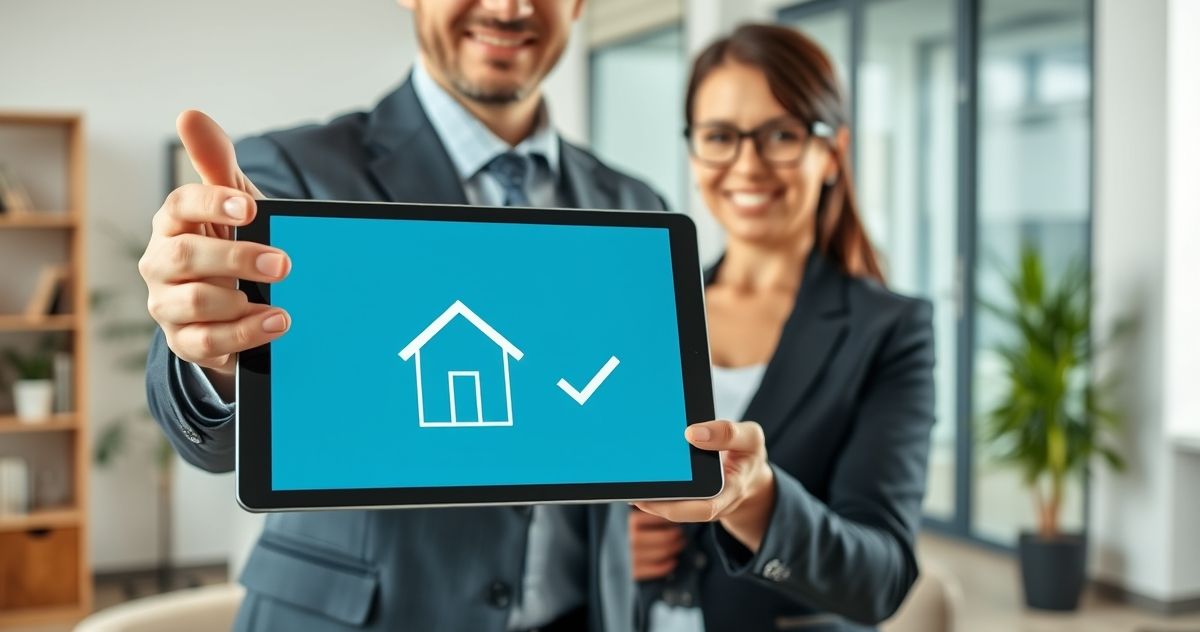 A financial advisor points to a tablet displaying a home with a checkmark, illustrating a Qualified Residential Mortgage.