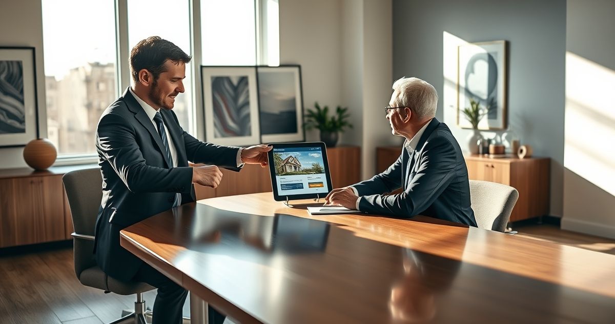 An image of a financial advisor explaining REO loan details on a tablet to a client in a modern office.