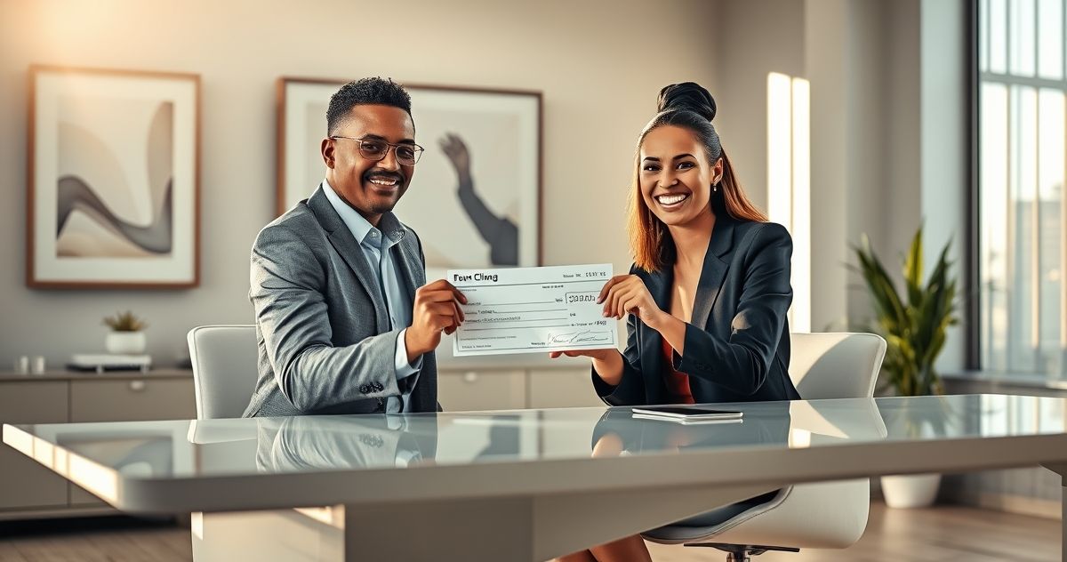 Financial advisor giving a refund check to a client in a modern office