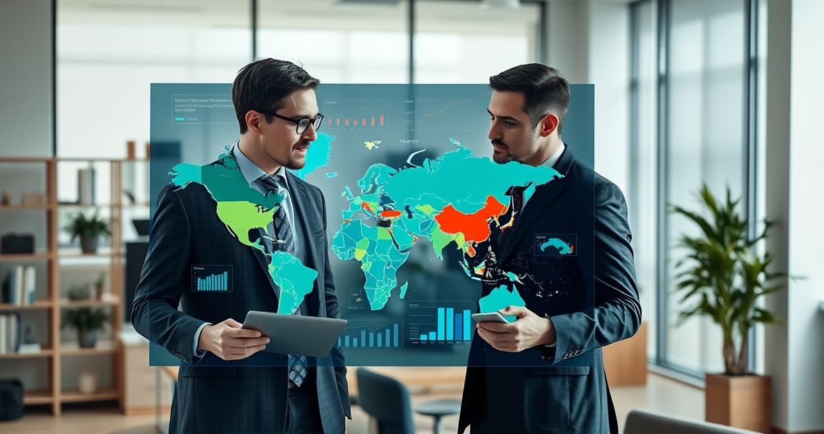 Financial professionals analyzing regional economic data on a digital map to illustrate regional lending guidelines.