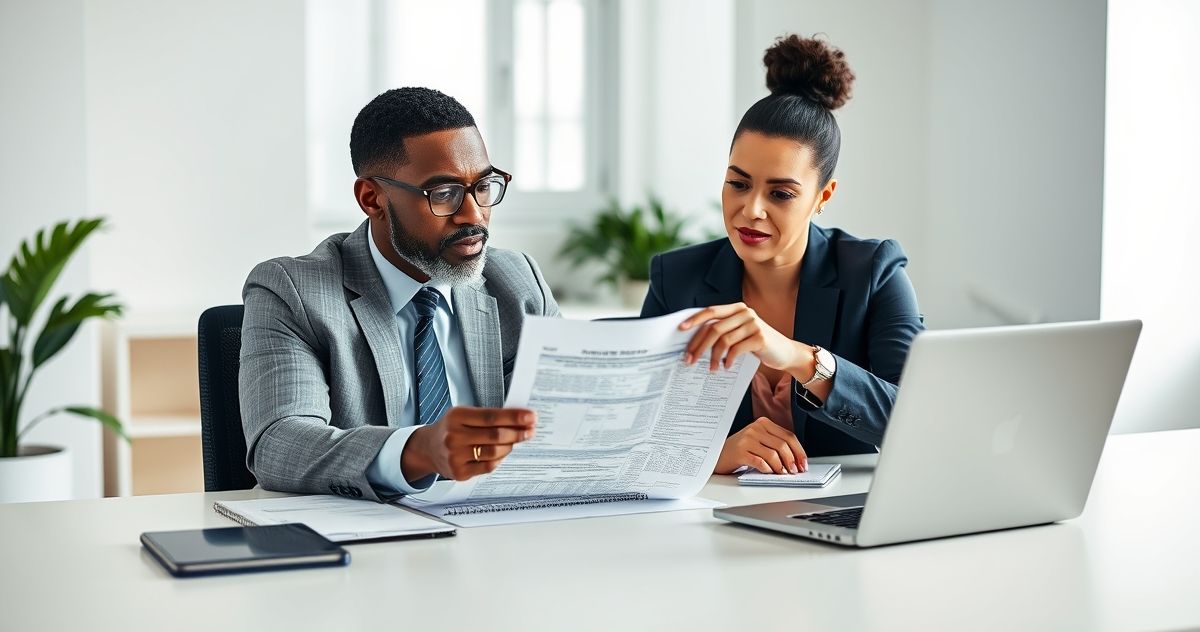 Tax professional and client discussing an amended state income tax return in a modern office setting