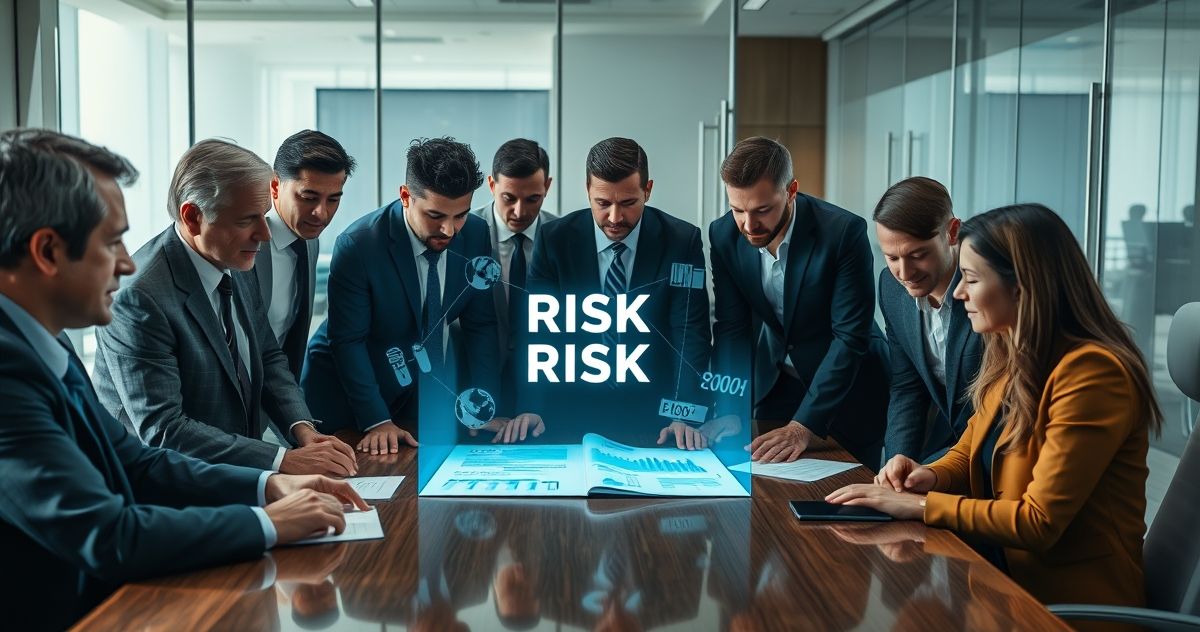 Diverse group of financial professionals reviewing a securitization deal with a risk retention component