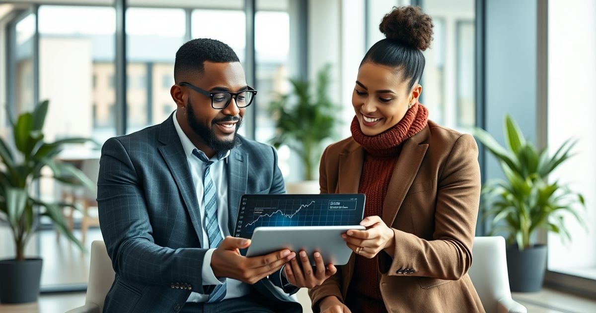 Financial advisor showing a client a digital graph of short-term capital gains in a modern office