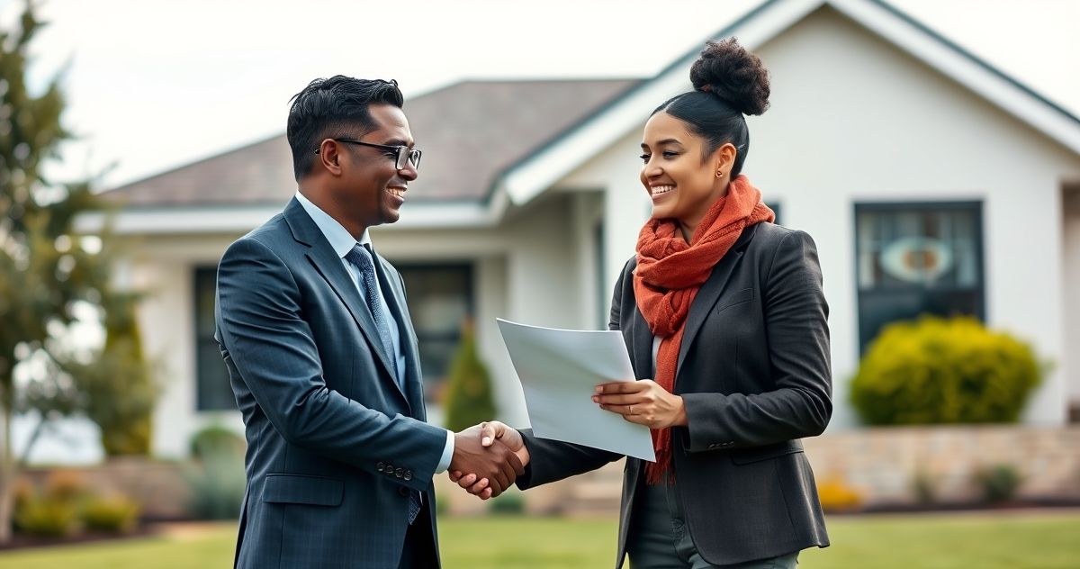 A professional loan officer shaking hands with a smiling diverse couple in front of a modern single-family home, symbolizing the completion of a mortgage loan transaction.