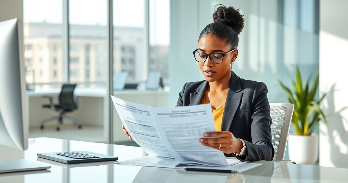 Young professional woman reviewing tax documents related to single filing status in a modern office
