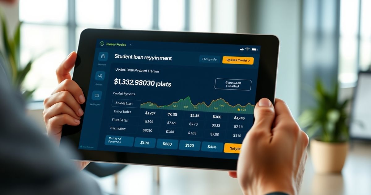 Image shows a digital tablet screen displaying updated student loan payment credits, held by a person in a business setting.