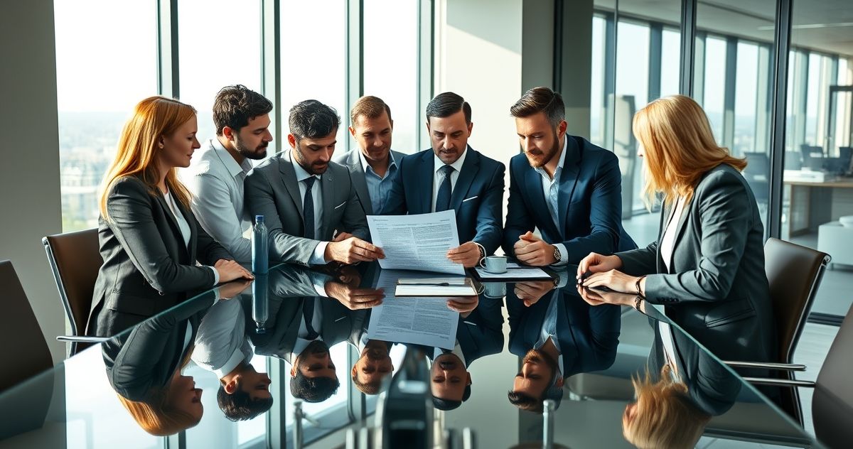 Diverse professionals analyzing a document related to tax penalty abatement in a bright modern office