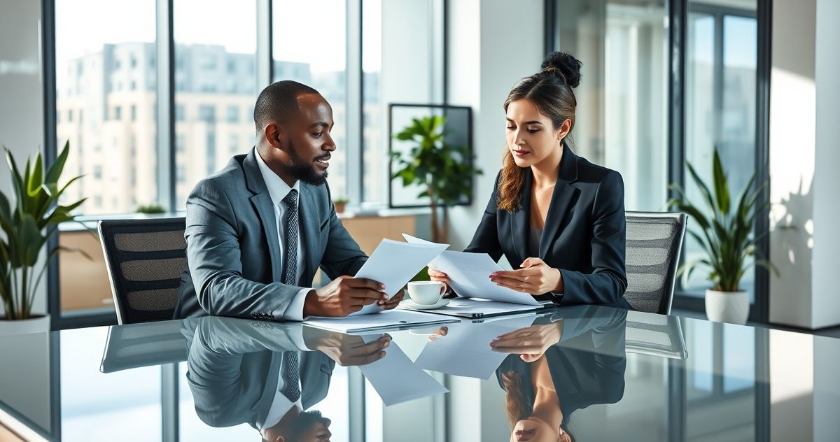Tax attorney discussing financial documents with a client in a modern office