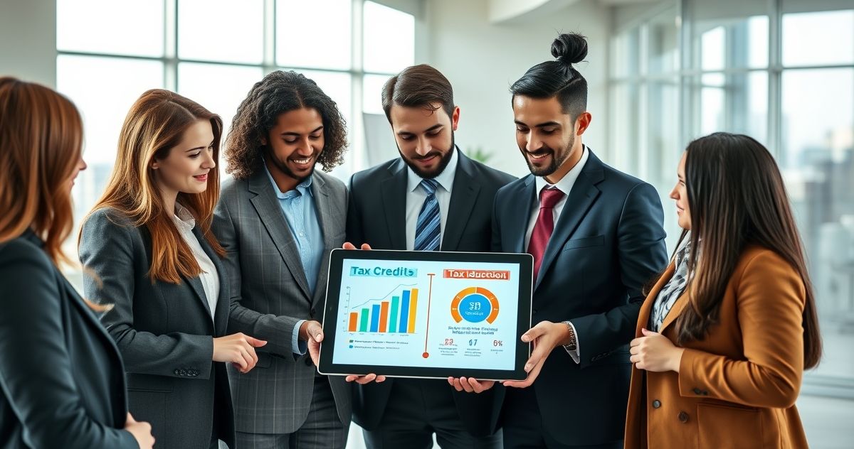 Financial professionals discussing tax credit and tax deduction concepts shown on a digital tablet in a modern office.