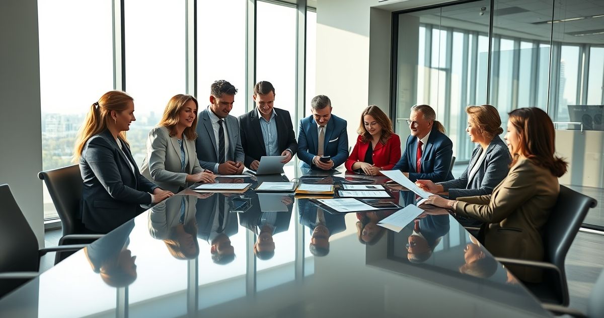 Group of diverse financial and legal professionals examining tax case law documents in a modern office setting