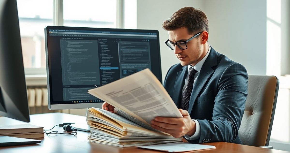 A professional title examiner, a person in their forties, meticulously examining a stack of historical property deeds and cross-referencing data on a computer screen in a bright, modern office.