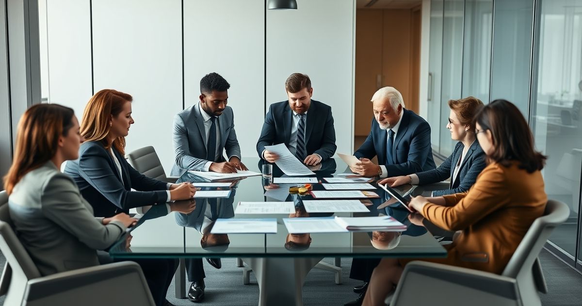 A trustee and beneficiaries engaged in a professional discussion about managing estate assets in a modern office setting.