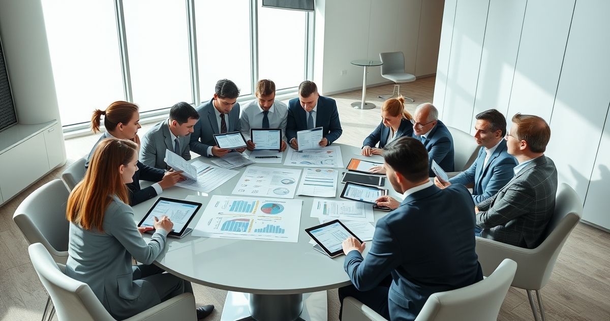 Professionals reviewing tax regulation documents and data in a corporate meeting room